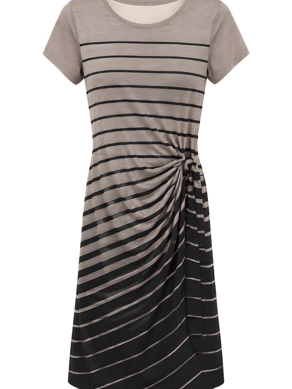 Striped Knot-Detail Short Sleeve Dress in Taupe and Black